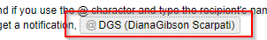 Screenshot showing the use of @ character followed by 'DGS (DianaGibson Scarpati)' without a space to trigger a notification in Trados Studio.