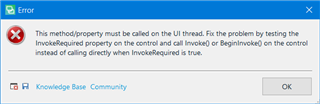 Error popup in Trados Studio stating 'This methodproperty must be called on the UI thread. Fix the problem by testing the InvokeRequired property on the control and call Invoke or BeginInvoke on the control instead of calling directly when InvokeRequired is true.' with Knowledge Base and Community links.