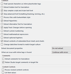 Trados Studio project settings with options for text extraction, formatting, and translation handling.