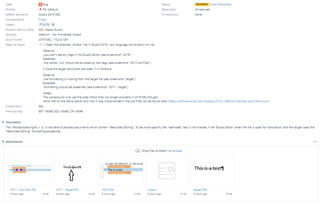 Screenshot of Trados Studio support ticket with reference number visible and a detailed description of an issue encountered.