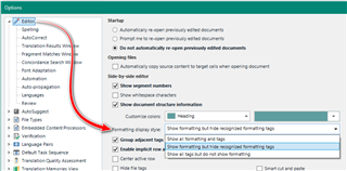 Trados Studio Options menu with Editor settings open, showing various options for displaying tags in the editor. A red arrow points to the 'Formatting display style' section.