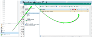 Screenshot of Trados Studio showing an open project with an arrow pointing from 'Project Settings' in the menu to the 'Translation Memory and Automated Translation' tab indicating where to enable the TM.
