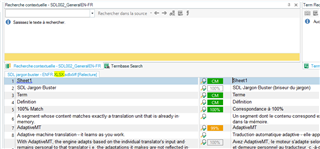 Trados Studio screenshot showing a search bar with the text 'Recherche contextuelle: SDLXLIFF_GeneralFR_fr' and a highlighted section below indicating a file source with an XLSX extension before .sdlxliff.