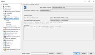 Trados Studio 2019 Options window showing File Types with 'WordprocessingML V. 2' selected for Microsoft Word 2007-2016.