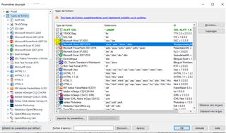 Trados Studio 2019 Project Settings window with file types listed, highlighting 'Microsoft Word 2007-2016' as selected.