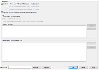 Trados Studio settings window showing Validation section with options for schema and DTD validation during file detection and while verifying translation.