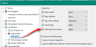 Trados Studio options menu with QA Checker 3.0 highlighted, showing settings for checking tags added as Error, tags deleted as Error, tag order change as Warning, ghost tags as Note, and spacing around tags as Note.