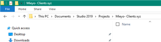 File Explorer window showing 'This PC > Documents > Studio 2019 > Projects > Mieyo-Clients.xyz' with an empty folder.