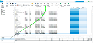 Trados Studio interface with a project open, displaying a list of files and a green arrow pointing towards the 'Open Package' button.