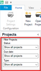 Trados Studio screenshot showing the 'Filter Projects' section with options for Status, Show, Due date, and Type set to 'Show all projects'.