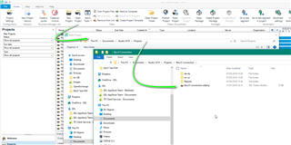 Screenshot of Trados Studio interface showing the Projects view with an arrow pointing to the 'Open Project' button and another arrow pointing to the file directory navigation pane.