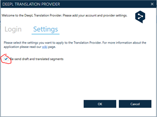 Screenshot of Trados Studio's Deepl Translation Provider settings window with 're-send draft and translated segments' option checked.
