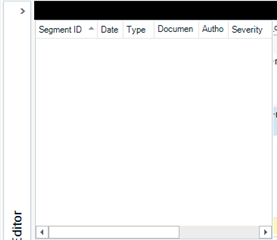 Trados Studio screenshot showing a review mode with a persistent square dialog box. Column headers visible include Segment ID, Date, Type, Document, Author, Severity.