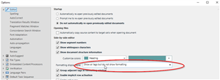 Trados Studio Options window with an error message highlighted stating 'Error in input for font size (parsing).'