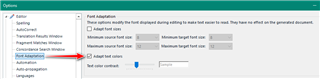 Trados Studio options menu with an arrow pointing to 'Adjust font colors' option under 'Font Adaptation' settings.