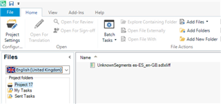 Trados Studio interface with the 'Files' view open, showing the 'English (United Kingdom)' target language folder with one file named 'UnknownSegments es-ES_en-GB.sdlxliff'.