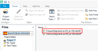 Trados Studio interface with the 'Files' view open, showing the 'Spanish (Spain, International)' source language folder with two files, one highlighted named 'FrequentSegments es-ES_en-GB.sdlxliff'.