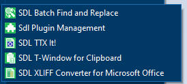 Trados Studio menu with options including SDL Batch Find and Replace, SDL Plugin Management, SDL TTX It!, SDL T-Window for Clipboard, and SDL XLIFF Converter for Microsoft Office.