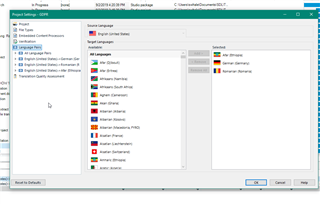 Trados Studio language pairs selection window showing various languages like German, English, and French with German-English pair selected.