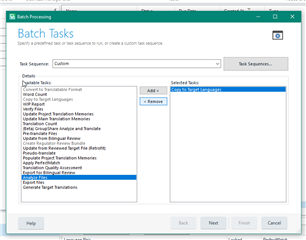 Batch Processing window in Trados Studio with tasks like 'Copy to Target Languages' and 'Export Files' listed and 'Copy to Target Languages' selected.