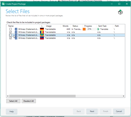 Create Project Package window in Trados Studio showing a list of files to be included in the package with options to 'Select All' or 'Deselect All'.