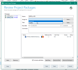 Review Project Packages window in Trados Studio with a package named 'GOPR6734_en-US' selected and a due date set, showing a file named 'Witness Statement' included.