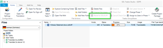 Trados Studio interface showing an active file with the option 'Revert to SDLXLIFF' highlighted in green.