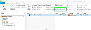 Trados Studio interface with the 'Revert to SDLXLIFF' option available, indicating the file has been finalized.