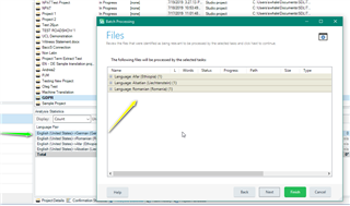Trados Studio project window with a yellow highlight pointing to an empty file list, indicating missing files.