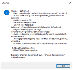 Chainer command line help window showing various parameters and options for silent uninstallation without any visible errors.