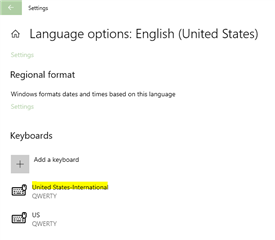 Windows language settings showing English (United States) with options to add a keyboard and two keyboards listed: United States-International QWERTY and US QWERTY.