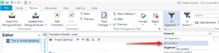 Trados Studio interface showing the Review tab with the Display Filter feature highlighted by a red arrow.