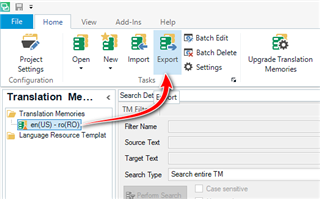 Trados Studio interface showing the Translation Memories View with an arrow pointing to the 'Export' button in the ribbon menu.