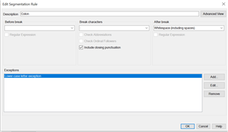 Trados Studio Edit Segmentation Rule dialog box showing options for 'Before break' and 'After break' with 'Exceptions' section highlighted, displaying 'Lower case letter exception'.
