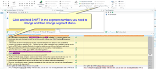 Trados Studio interface showing the method to change segment status by holding SHIFT and clicking on segment numbers.