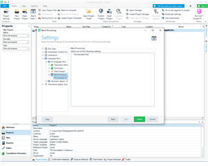 SDL Trados Studio 2019 interface showing an open project with the Batch Processing settings window open, but no options are selectable.