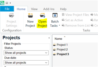 Trados Studio screenshot showing the 'Projects' tab with 'Open Project' button highlighted and a list of projects named Project 1, Project 2, and Project 3.