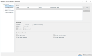 Translation Memory Settings window in Trados Studio showing options to recognize numbers, dates, measurements, and alphanumeric strings.