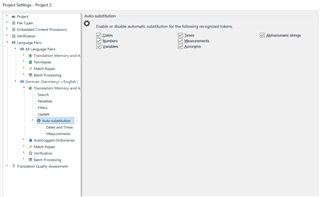 Project Settings window in Trados Studio with Auto-substitution section for numbers, dates, and measurements highlighted.