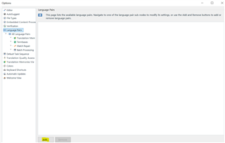 Options window in Trados Studio showing Language Pairs section with an empty list and an Add button.