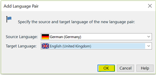 Add Language Pair dialog box in Trados Studio with dropdown menus for selecting source and target languages, set to German and English respectively.