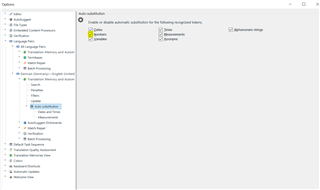 Options window in Trados Studio with Auto-substitution settings for numbers, dates, and measurements under All Language Pairs.