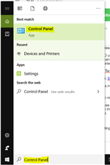 Windows search bar showing 'Control Panel' as the best match app with recent and web search suggestions below.