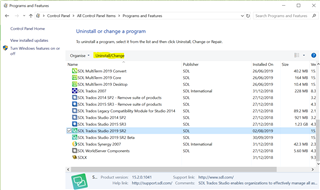 Programs and Features list with 'Trados Studio 2019' highlighted for selection among other installed programs.