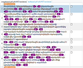 Screenshot of Trados Studio showing a comparison between image-based and text-based PDF translation results in Armenian, with visible formatting tags and untranslated text.