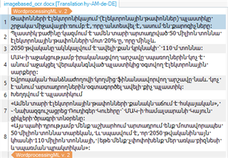 Screenshot of a WordprocessingML document in Trados Studio with Armenian text successfully OCR'd and translated, appearing without formatting tags and in a clean layout.