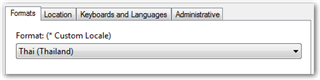 Windows 7 Regional Options dialog showing Format set to Thai (Thailand) under Custom Locale.