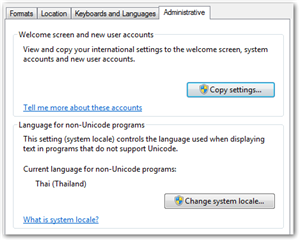 Administrative tab in Windows 7 Regional Options displaying current language for non-Unicode programs as Thai (Thailand).
