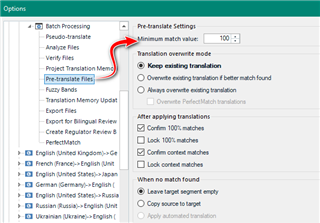 Trados Studio screenshot showing the Options menu with Pre-translate Settings expanded, highlighting the Minimum match value set to 100%.