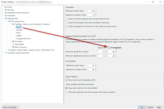Screenshot of Trados Studio Project Settings with a red arrow pointing to the 'Enable fragment matching' option under 'Translation Memory and Automated Translation'.